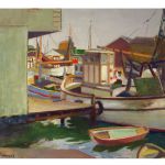 Oljemålning, Rudolf Gowenius (1896-1960), fiskebåt vid kaj, sign, pannå, 38x46